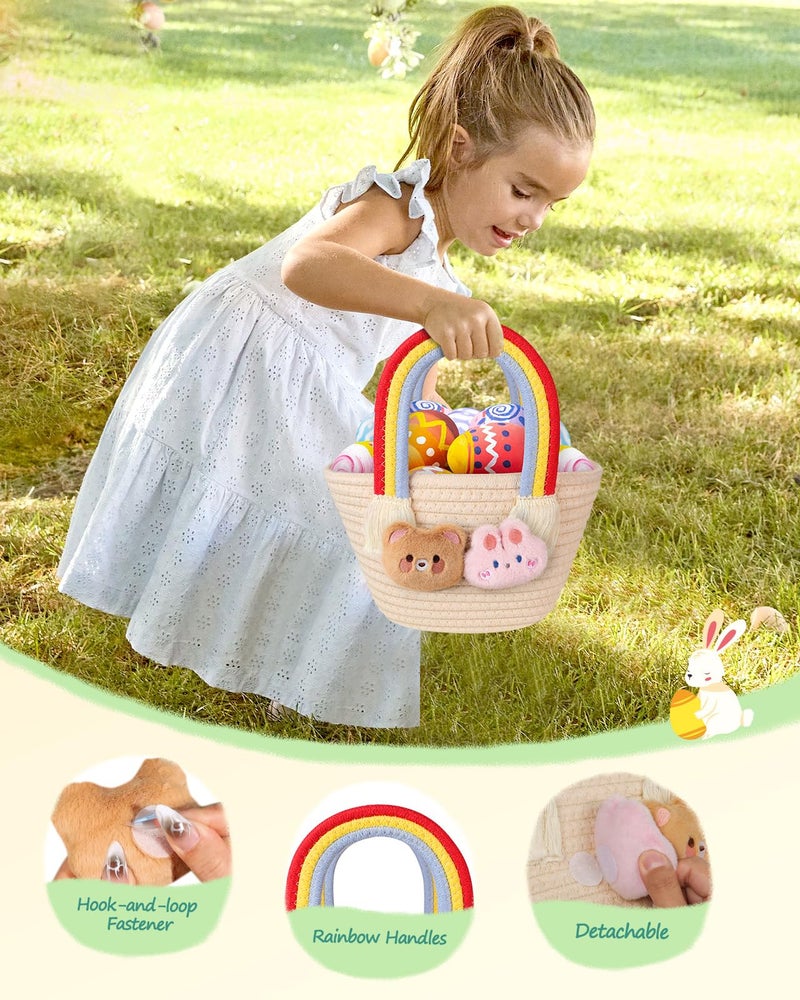 JMHACHY Easter Basket for Kids - Cute Bow Woven Empty Easter Baskets with Handle for Girls Toddlers Children, Easter Egg Hunt Basket with Personalized Name Tag Patch and Raffia - Image 3