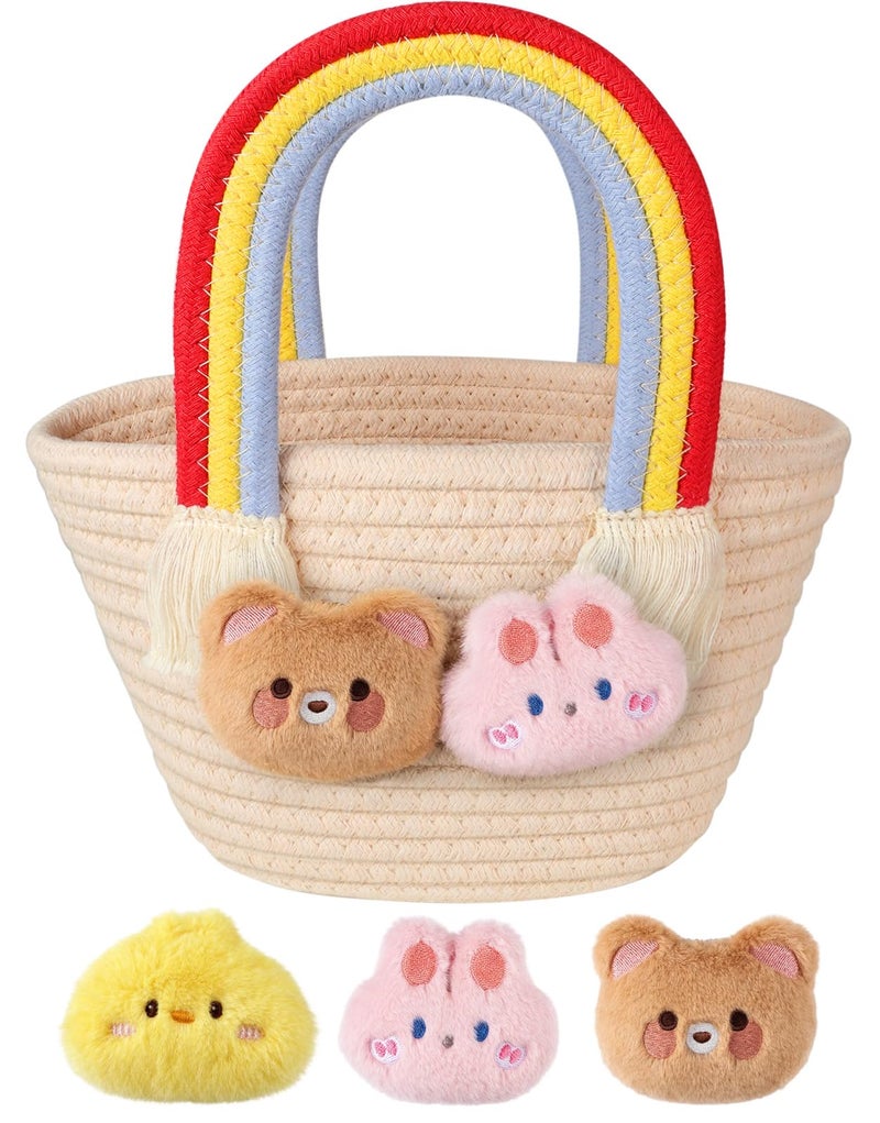 JMHACHY Easter Basket for Kids - Cute Bow Woven Empty Easter Baskets with Handle for Girls Toddlers Children, Easter Egg Hunt Basket with Personalized Name Tag Patch and Raffia - Image 1