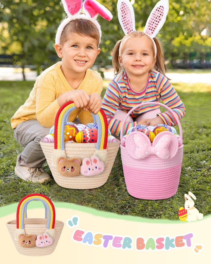 JMHACHY Easter Basket for Kids - Cute Bow Woven Empty Easter Baskets with Handle for Girls Toddlers Children, Easter Egg Hunt Basket with Personalized Name Tag Patch and Raffia - Image 5