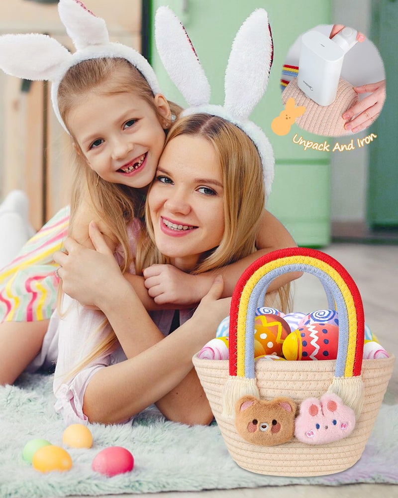 JMHACHY Easter Basket for Kids - Cute Bow Woven Empty Easter Baskets with Handle for Girls Toddlers Children, Easter Egg Hunt Basket with Personalized Name Tag Patch and Raffia - Image 4