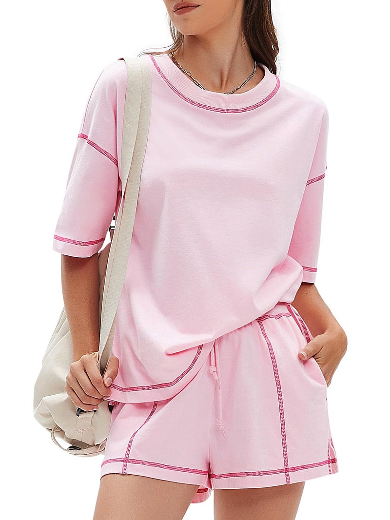 EXLURA Women's Casual Summer 2 Piece Sets 100% Cotton Short Sleeve Tshirt and Shorts Matching Sweatsuits Lounge Set 2026 - Image 1