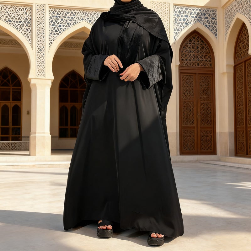 monica fashion Fashionable Loose Batwing Sleeve Muslim Abaya with Patchwork Casual Kaftan (with Headscarf) - Image 3