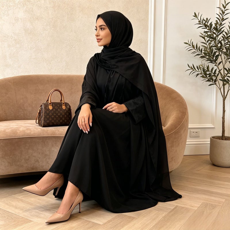 monica fashion Fashionable Loose Batwing Sleeve Muslim Abaya with Patchwork Casual Kaftan (with Headscarf) - Image 1
