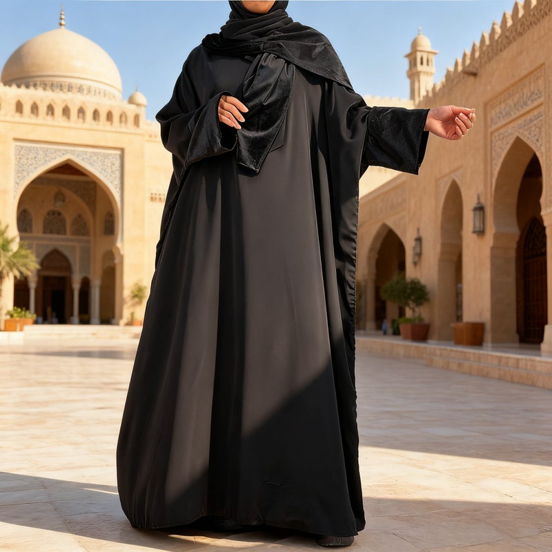 monica fashion Fashionable Loose Batwing Sleeve Muslim Abaya with Patchwork Casual Kaftan (with Headscarf) - Image 2