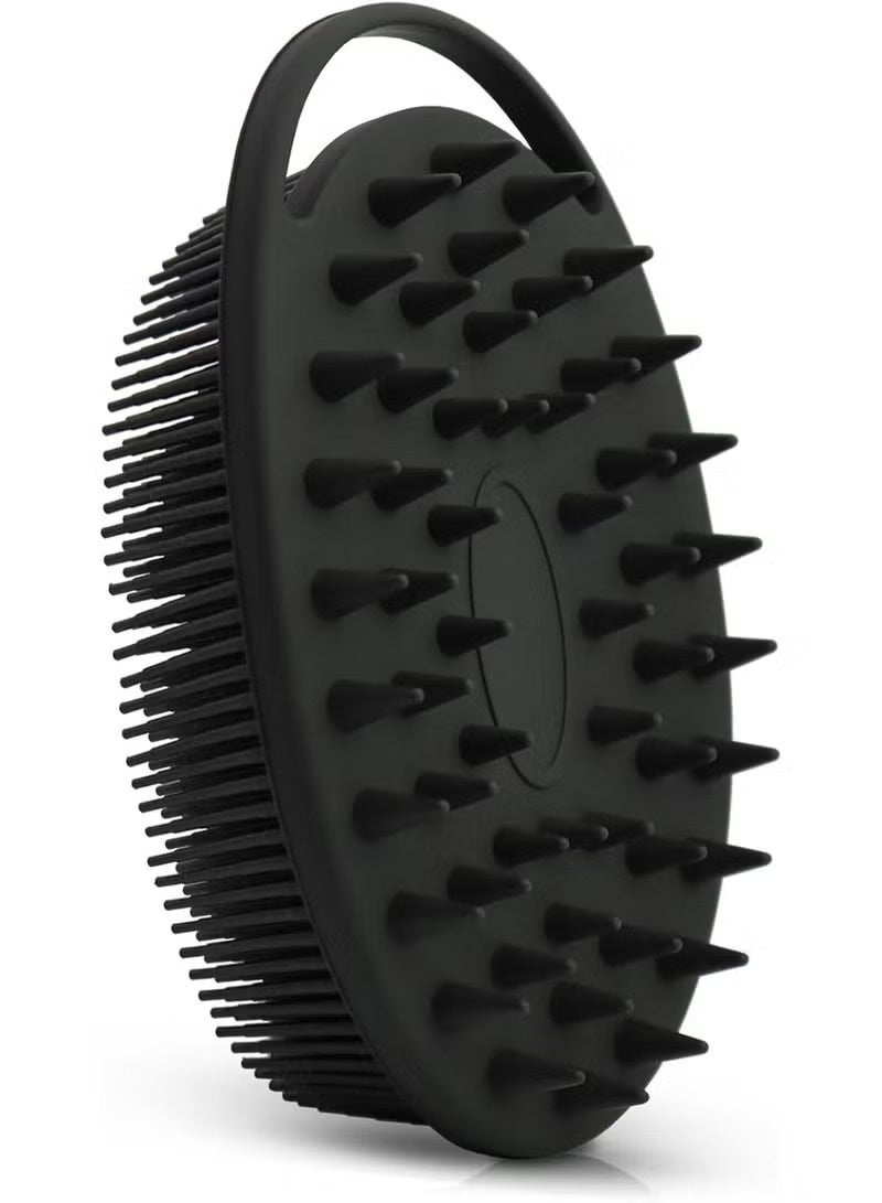 2-in-1 Dual Sided Silicone Body Scrubber and Scalp Massager Brush Hygienic Exfoliating Bath Body Washer Soft Silicone Massage Scrubber Deep Cleaning Hair Shampoo Brush Scalp Care Exfoliator Lathering Body Sponge Alternative Ergonomic Hand Strap Design Ultra Durable Fast Drying Mold Resistant Waterproof Bath Brush Skin Care Body Massage Accessory Black - Image 1