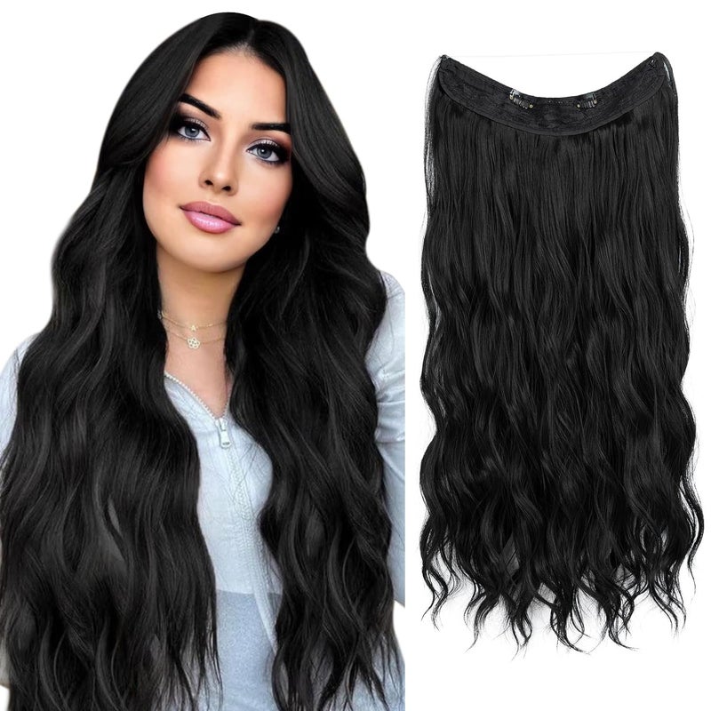 SARLA Invisible Wire Hair Extension with 3 Clips Synthetic Long Beach Wave Hairpiece Transparent Adjustable Headband for Women 24 Inch Jet Black