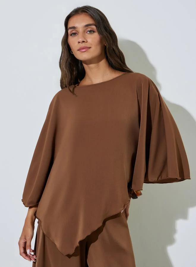 Styli Brown Solid Flared Sleeve Asymmetrical Hem Top and Wide Leg Pants Co-Ords