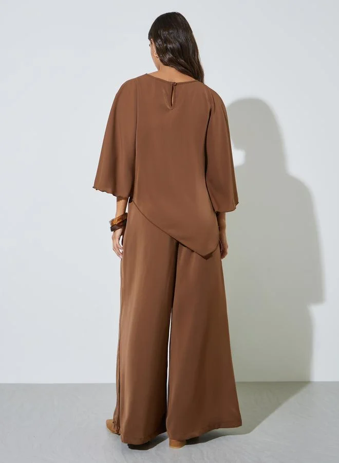 Styli  Brown Solid Flared Sleeve Asymmetrical Hem Top and Wide Leg Pants Co-Ords for Women | Best Price UAE