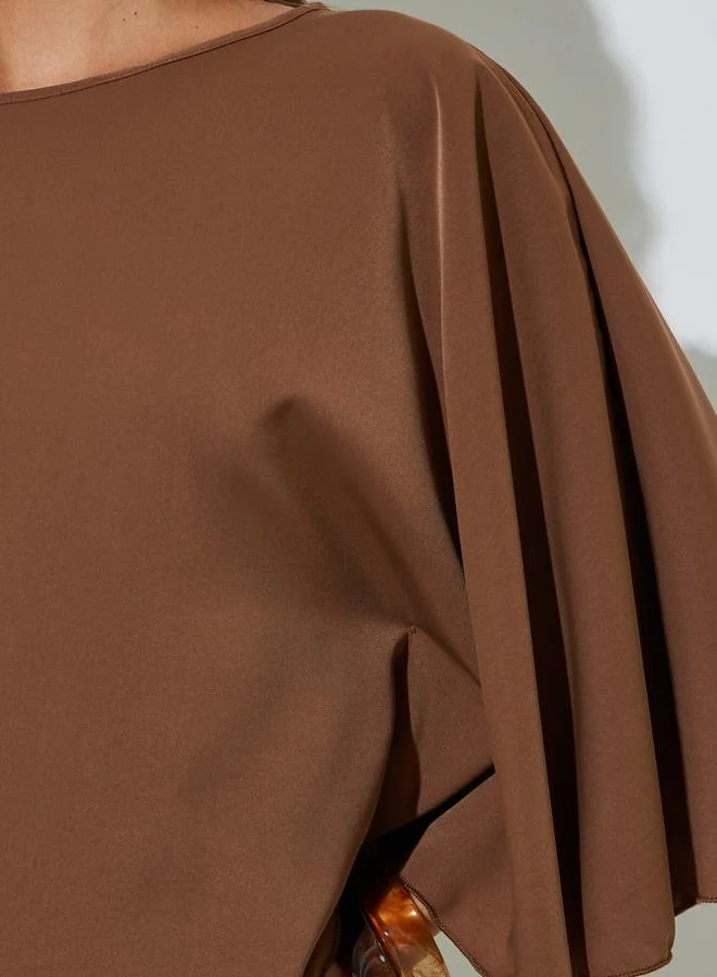 Styli  Brown Solid Flared Sleeve Asymmetrical Hem Top and Wide Leg Pants Co-Ords for Women | Best Price UAE