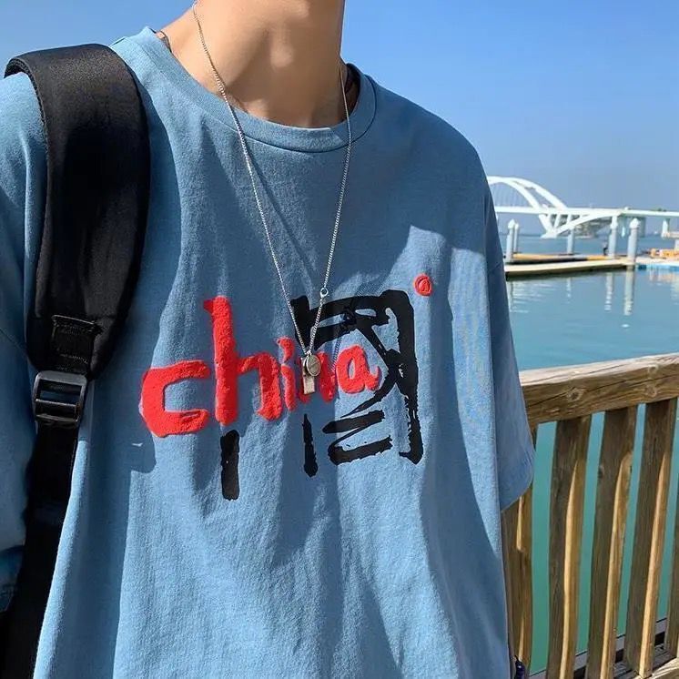 Summer new short sleeve T-shirt men's fashion brand loose half sleeve round neck top ins national fashion plus size printed student T-shirt - Image 3