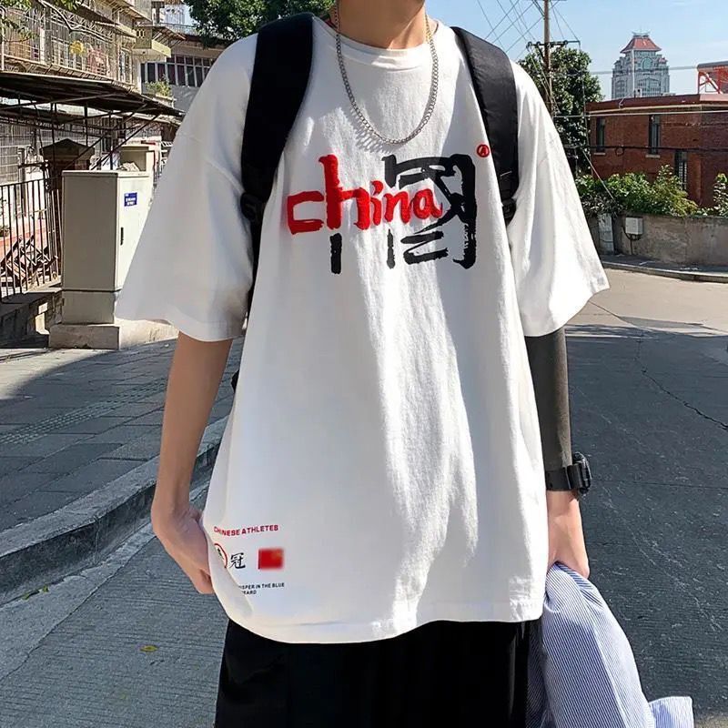 Summer new short sleeve T-shirt men's fashion brand loose half sleeve round neck top ins national fashion plus size printed student T-shirt - Image 2