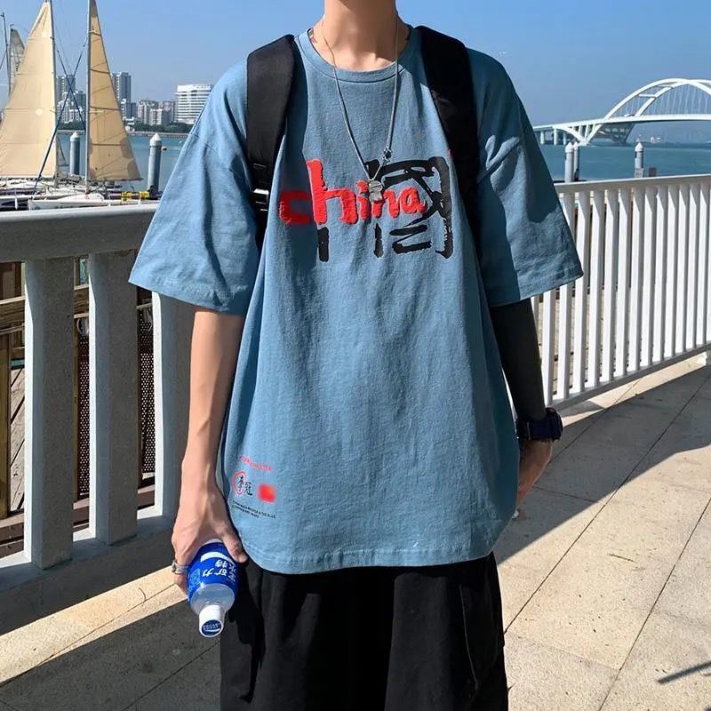 Summer new short sleeve T-shirt men's fashion brand loose half sleeve round neck top ins national fashion plus size printed student T-shirt - Image 4