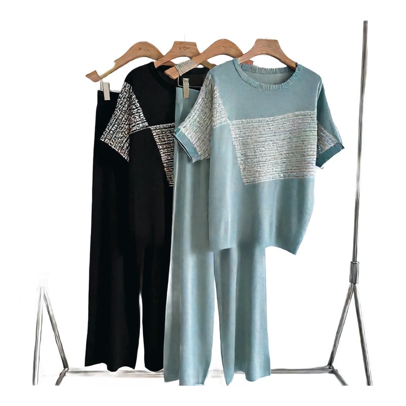 Fashionable Jacquard Batwing Sleeve Knit Two-Piece Set for Women, Loose Fit Wide Leg Pants - Image 1