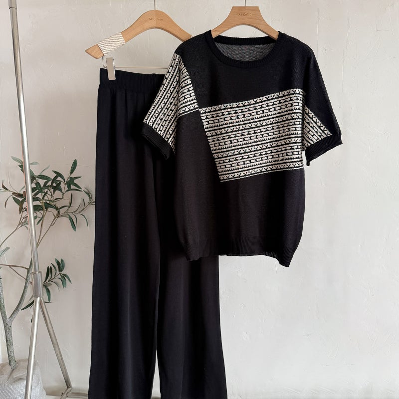Fashionable Jacquard Batwing Sleeve Knit Two-Piece Set for Women, Loose Fit Wide Leg Pants - Image 2