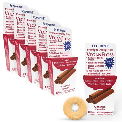 EcoDent VeganFloss Dental Floss Waxed Cinnamon Floss with Vegan PlantBased Wax Recyclable Cardboard Packaging 100 Yds Pack of 6