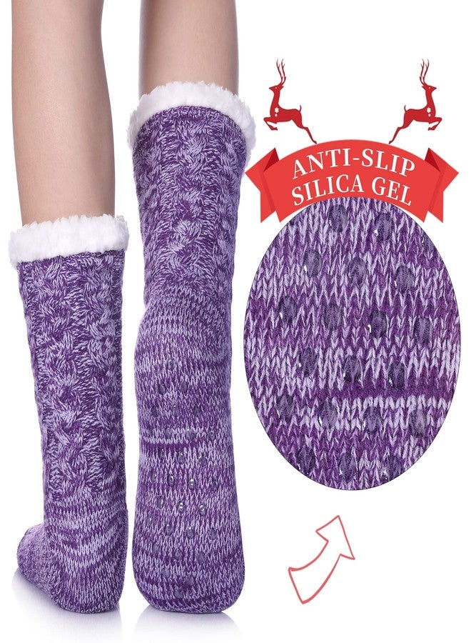 SDBING Women's Winter Super Soft Warm Cozy Fleece Lined Fuzzy Slipper Socks with Grippers (Dark Purple AB, 6-10) - Image 2