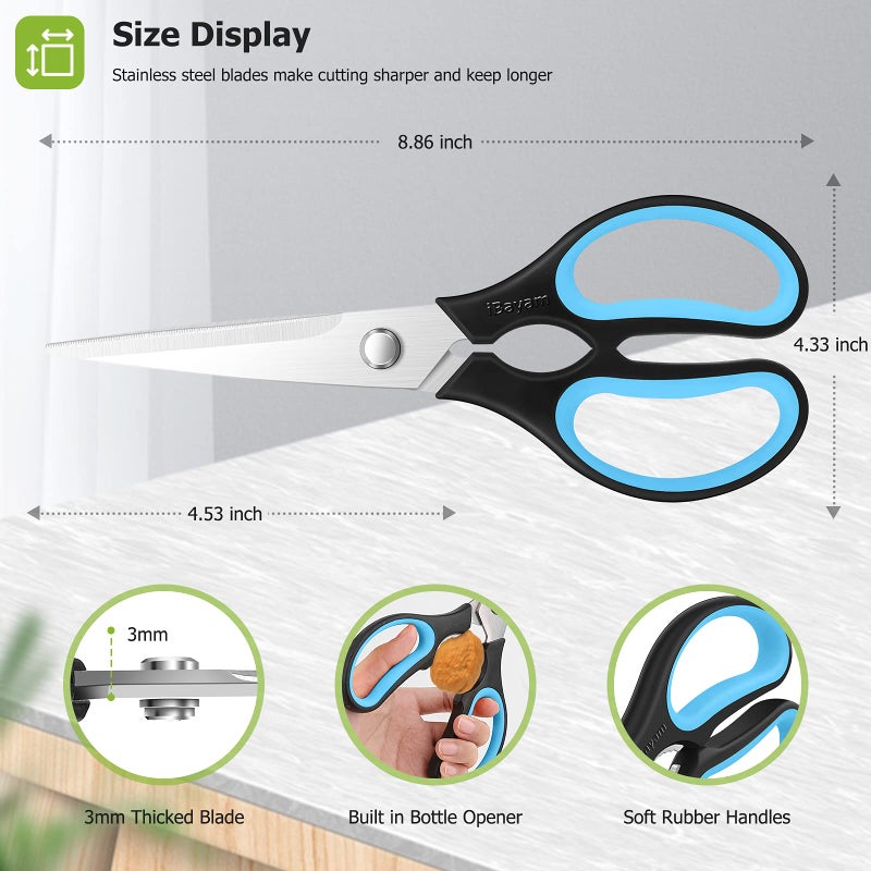 iBayam Kitchen Scissors, iBayam 2-Pack Kitchen Shears, 9 Inch Heavy Duty Dishwasher Safe Food Scissors, Multipurpose Stainless Steel Sharp Cooking for Kitchen, Chicken, Poultry, Fish, Meat, Herbs - Image 5
