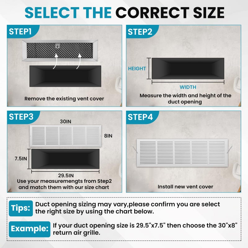 VOISEN Return Air Grille,Fits 30x8 Duct Opening,Steel Return Vent Cover, White Vent Cover Grill for Sidewall and Ceiling,HAVC Cold Air Return Vent Cover,Overall Size:31.8"W X 9.8"H - Image 5
