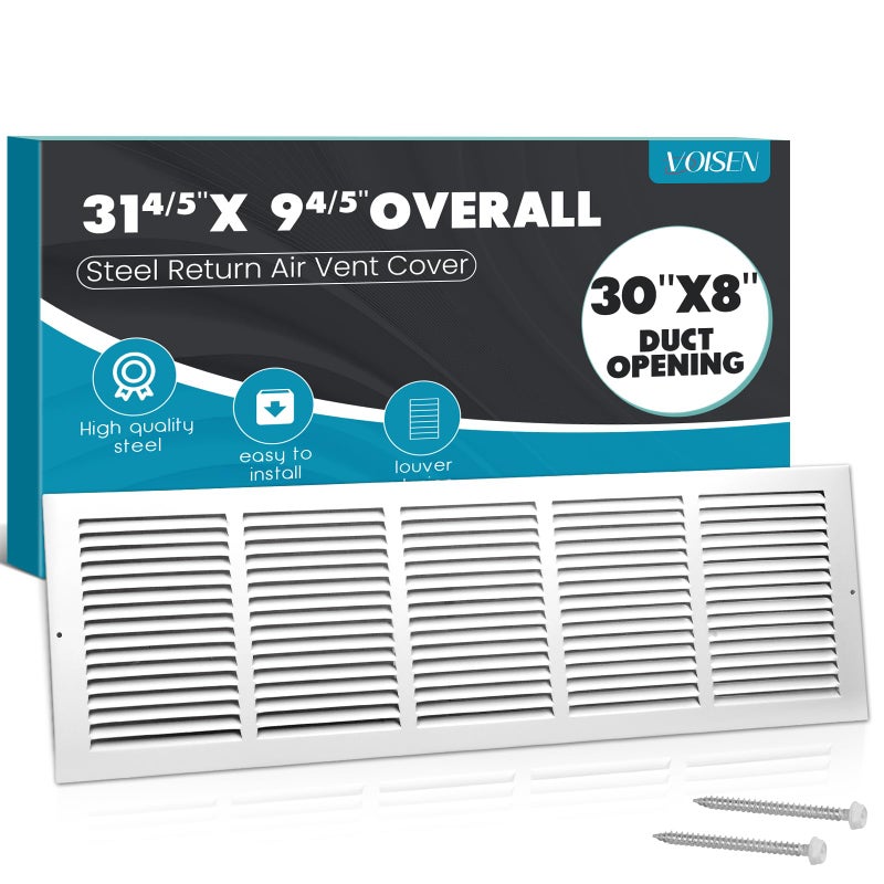 VOISEN Return Air Grille,Fits 30x8 Duct Opening,Steel Return Vent Cover, White Vent Cover Grill for Sidewall and Ceiling,HAVC Cold Air Return Vent Cover,Overall Size:31.8"W X 9.8"H - Image 1