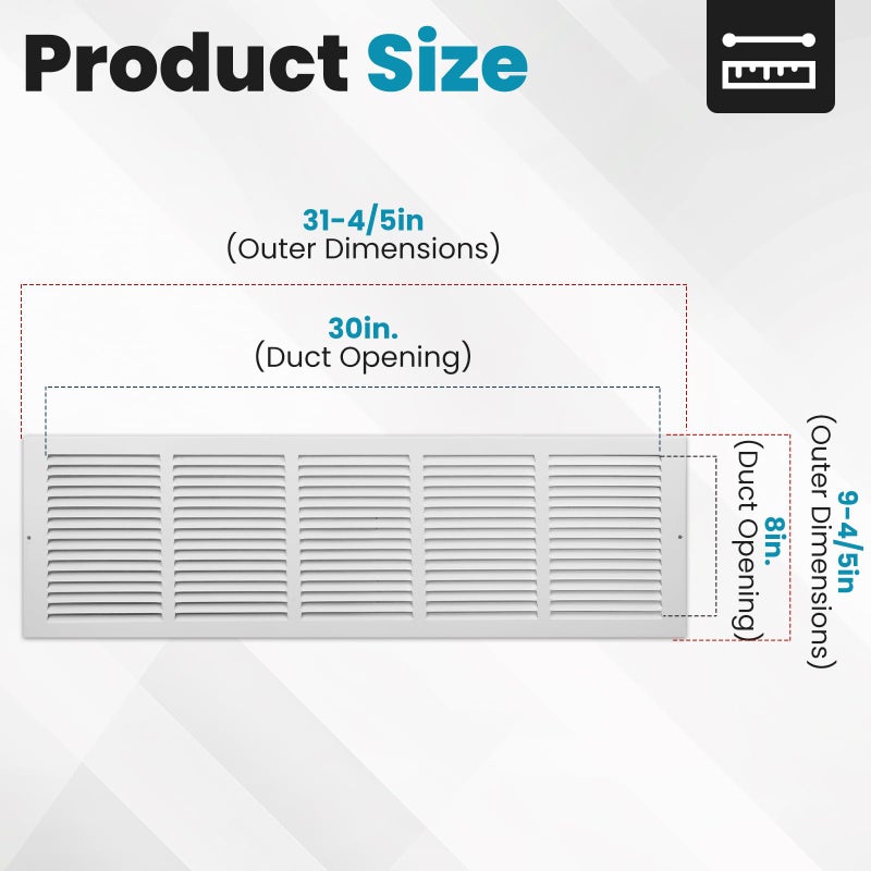 VOISEN Return Air Grille,Fits 30x8 Duct Opening,Steel Return Vent Cover, White Vent Cover Grill for Sidewall and Ceiling,HAVC Cold Air Return Vent Cover,Overall Size:31.8"W X 9.8"H - Image 3
