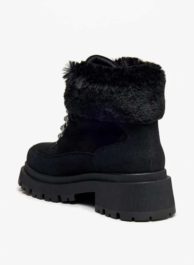Flora Bella By Shoexpress Women Faux Fur Detail Ankle Boots with Lace-Up Closure