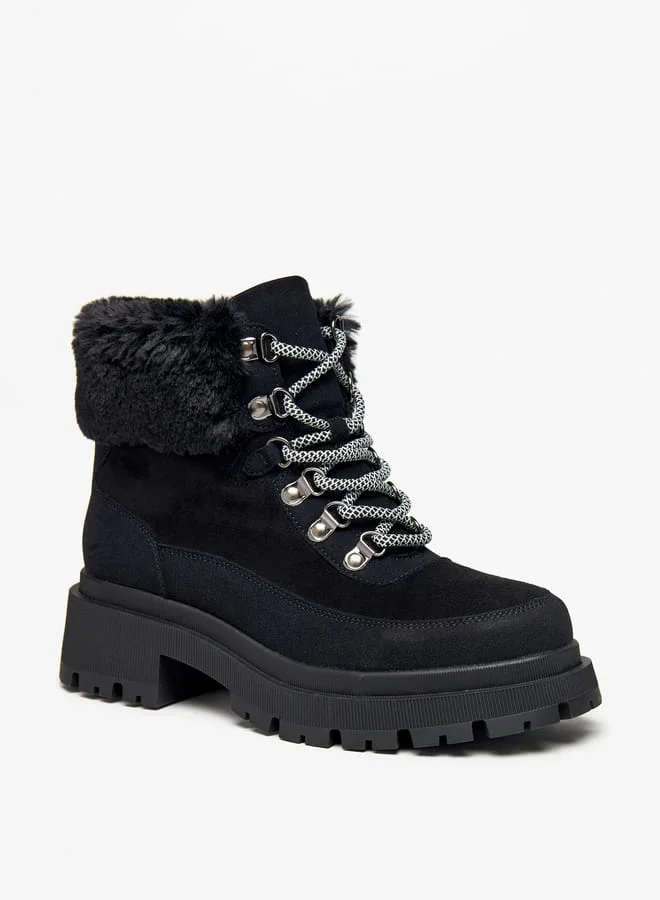 Flora Bella By Shoexpress Women Faux Fur Detail Ankle Boots with Lace-Up Closure