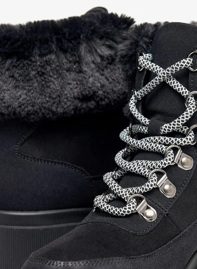 Flora Bella By Shoexpress Women Faux Fur Detail Ankle Boots with Lace-Up Closure