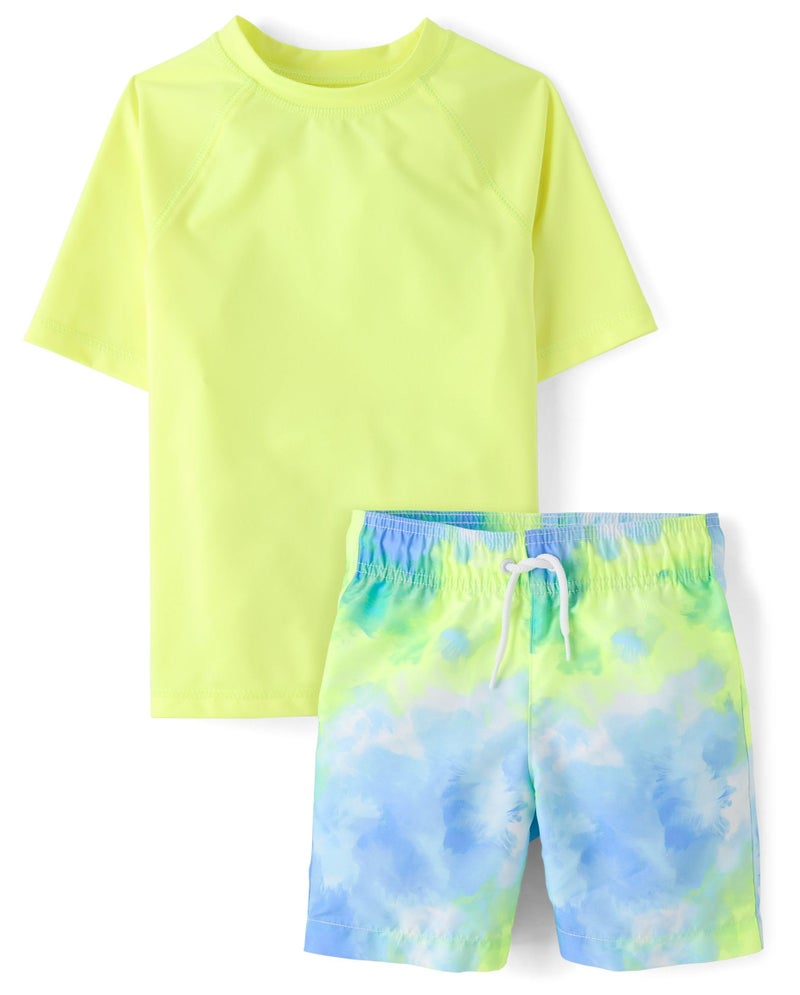 The Children's Place The Childrens PlaceBoysShort Sleeve Rashguard and Swim Trunk 2Piece SetTie Dye YellowSmall - Image 2