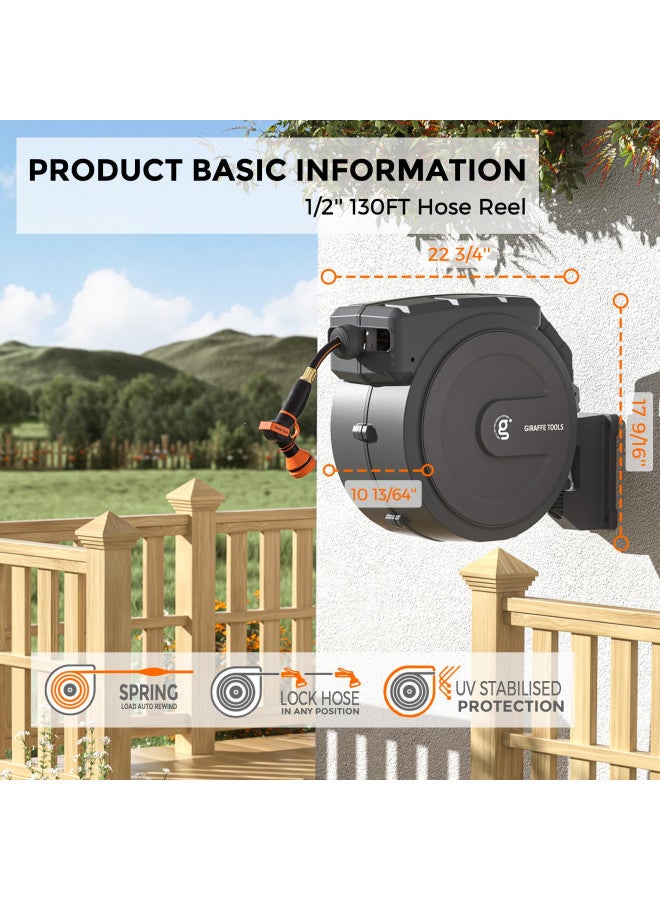 Giraffe Tools Retractable Garden Hose Reel 1/2 Inch x 130 ft, Super Heavy Duty, Any Length Lock, Slow Return System, Wall Mounted and 180 Deg Swivel Bracket