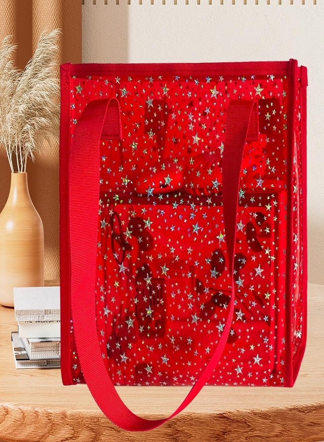 TotePrint Transparent Tote Bag with Stars Pattern Print, Large Capacity Shopping Bag, Reusable Bag 10 x 9.8×3.9 inches, Red With Stars, Large - Image 2