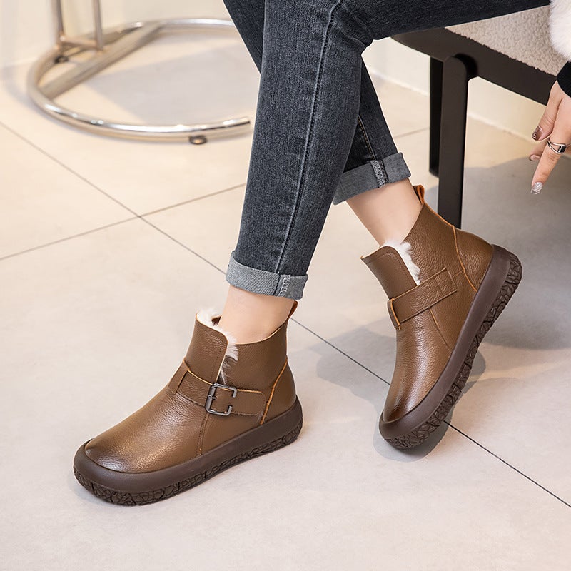 Top Layer Cowhide Winter Ankle Boots Soft Sole 2024 Genuine Retro Warm Cotton Boots With Velvet Shoes - Image 5