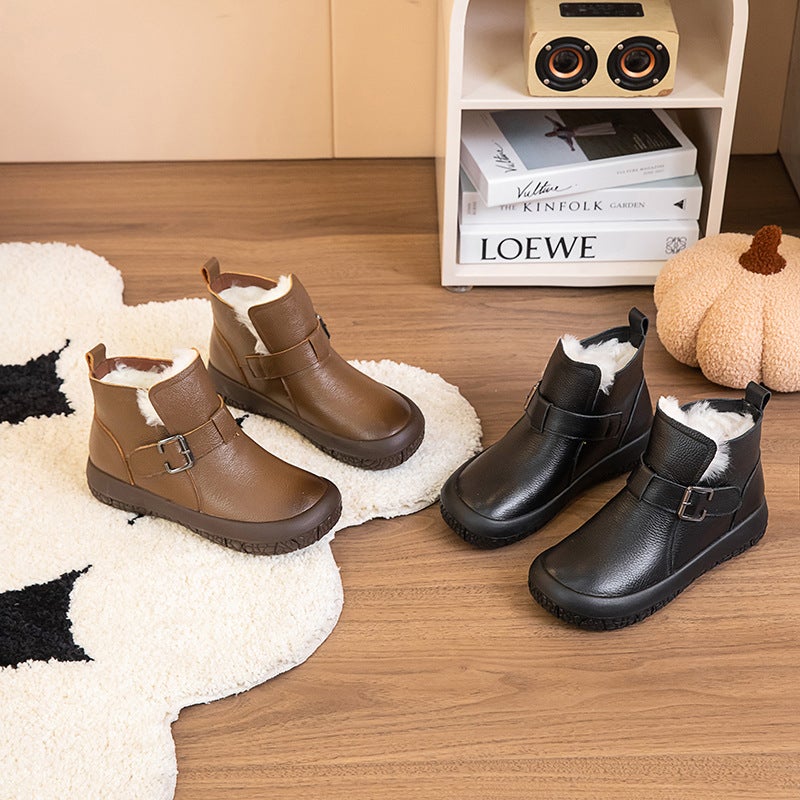 Top Layer Cowhide Winter Ankle Boots Soft Sole 2024 Genuine Retro Warm Cotton Boots With Velvet Shoes - Image 3