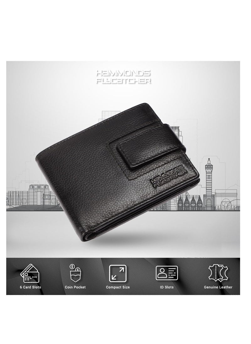 HAMMONDS FLYCATCHER Leather Wallet for Men, RFID Protected Leather Purse for Men, Money Purse for Men, 6 Card Slots, 1 ID Slot, Coin Pocket, Hidden Pockets, Metal Snap Button - Black | LYZX  - Image 3