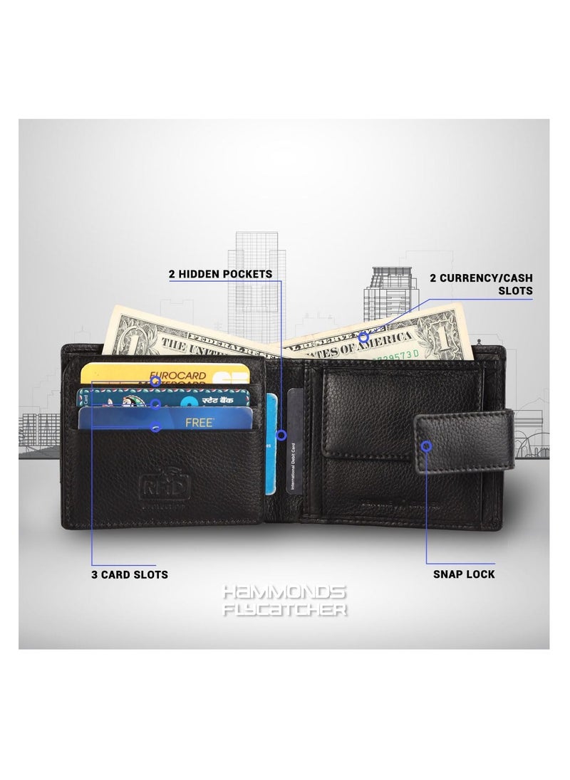 HAMMONDS FLYCATCHER Leather Wallet for Men, RFID Protected Leather Purse for Men, Money Purse for Men, 6 Card Slots, 1 ID Slot, Coin Pocket, Hidden Pockets, Metal Snap Button - Black | LYZX  - Image 5