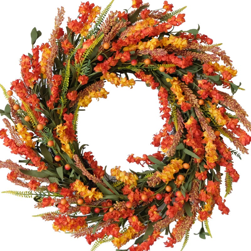 22 Inch Fall Flower Wreath for Front Door Autumn Yellow Orange Forsythia Flower Indoor Outdoor Wreath with Berries Foam Leaves