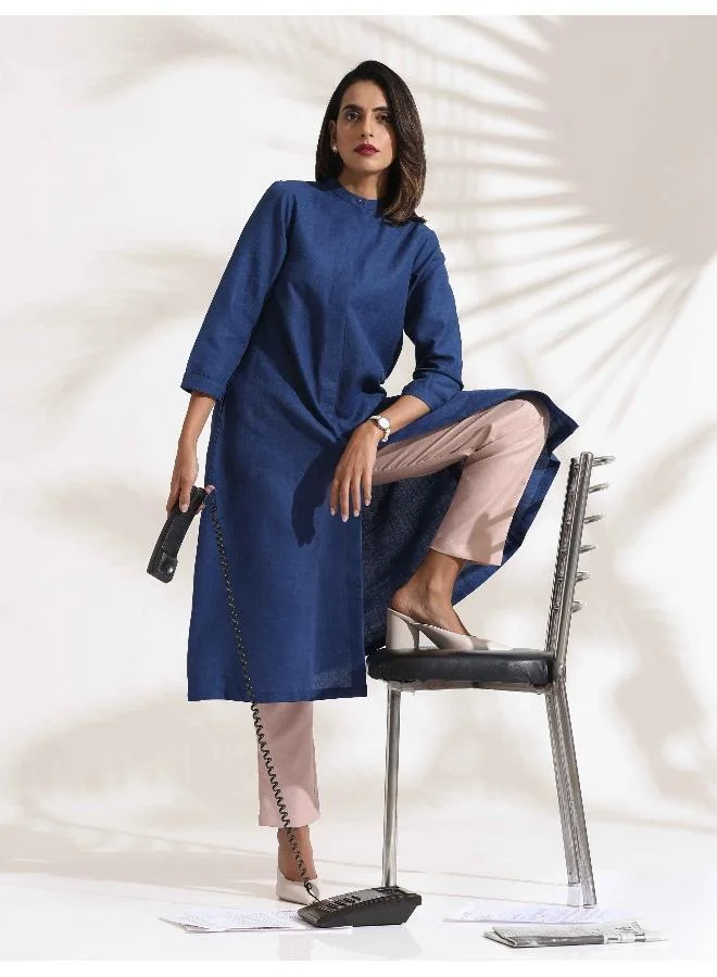 trueBrowns Blue Slub Kurta Set