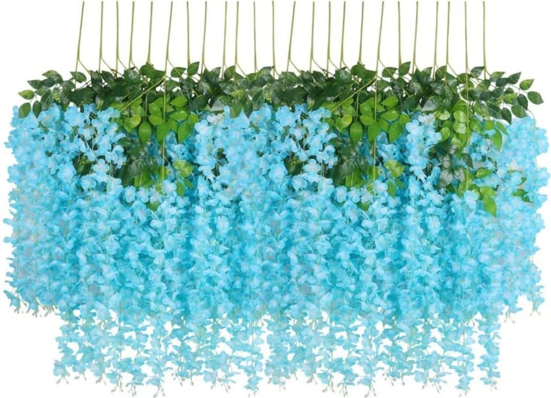 VRB Dec Pack of 12 (43.2Ft) Artificial Wisteria Vine| Ratta Fake Wisteria Hanging | Garland Silk Long Hanging Bush Flowers String for Home Party Wedding Decor (Sky Blue, 12) - Image 1