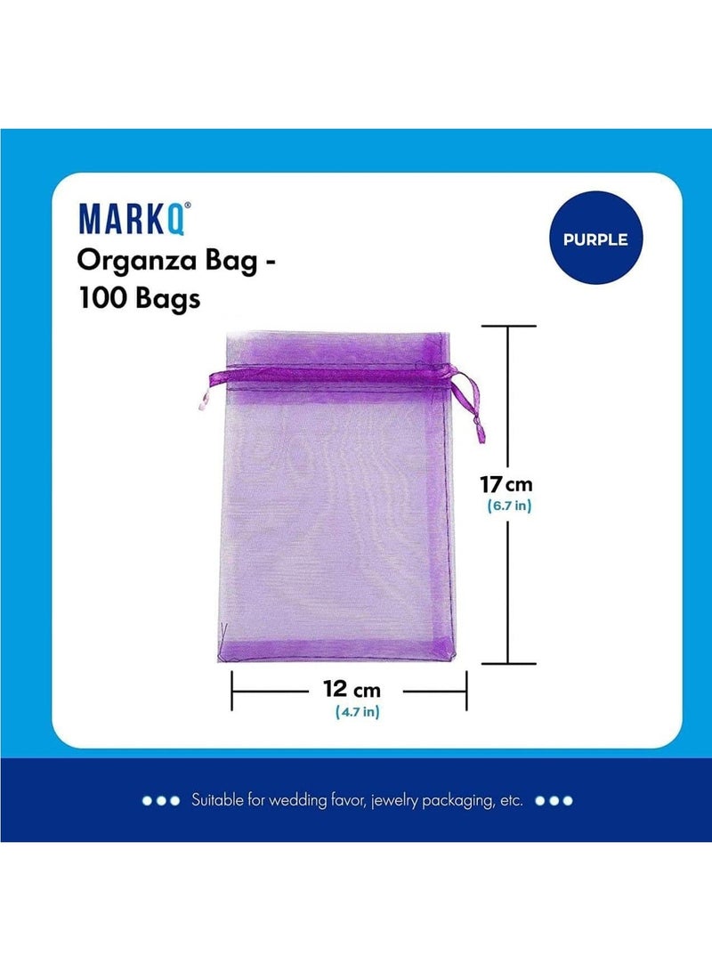 مارك 100 قطعة أكياس أورجانزا برباط | أكياس أورجانزا مقاس 12 × 17 سم لحقائب المجوهرات والحلويات وحفلات الزفاف | شنط عيد الميلاد للهدايا | أكياس هدايا الأورجانزا | حقائب قودي (بنفسجي) - Image 2
