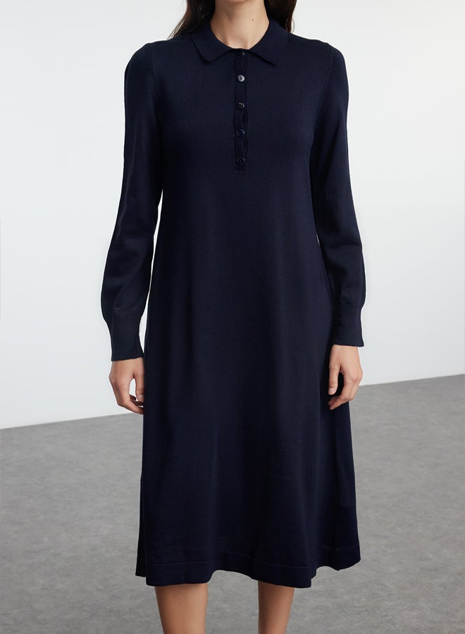 trendyol Navy Blue Midi Knit Polo Neck Dress - Image 3