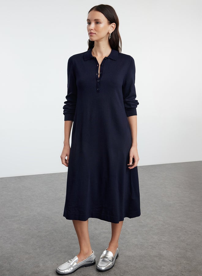 trendyol Navy Blue Midi Knit Polo Neck Dress - Image 1