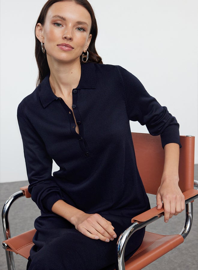 trendyol Navy Blue Midi Knit Polo Neck Dress - Image 2