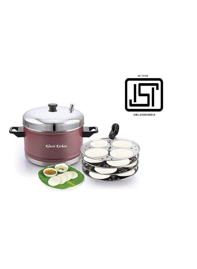 KLASSI KICHEN Stainless Steel Idly Cooker, Induction and Gas Stove Compatible Idli Maker (Silver; 16 Idlies) 4-Plates (Red) - Image 1