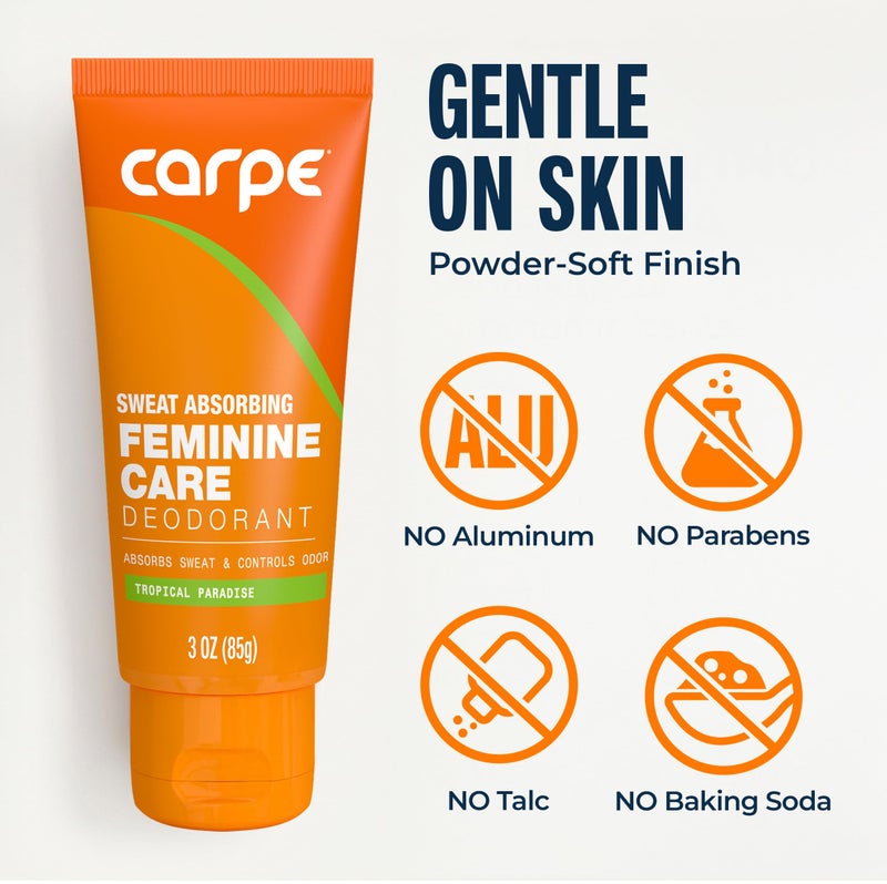 Carpe Feminine Sweatcare Intimate Deodorant - pH Balanced, 24Hr Moisture & Odor Control Whole Body Deodorant for Women - Gynecologist Tested & Safe for Private Parts - Tropical Paradise - 3oz - Image 3