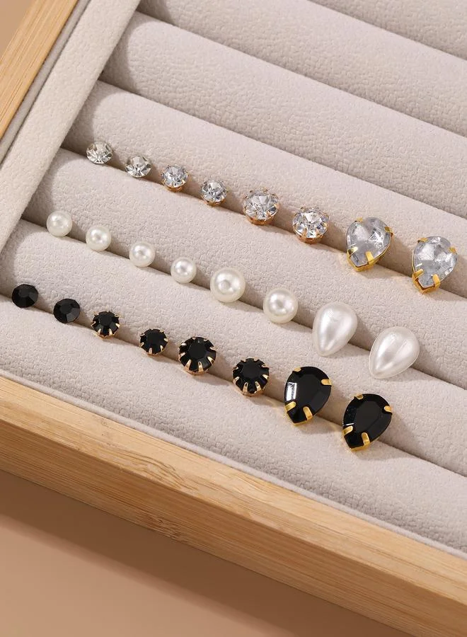 تايك تو Set Of 12 - Rhinestone and Faux Pearl Stud Earrings