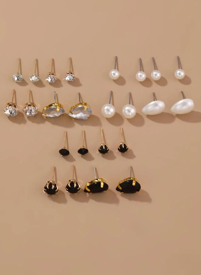 تايك تو Set Of 12 - Rhinestone and Faux Pearl Stud Earrings