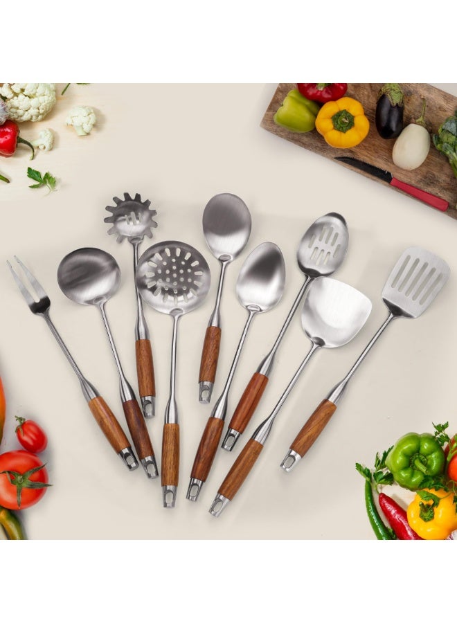 9 PCS 304 Stainless Steel Kitchen Cooking Utensils set with Wooden Handle, Metal Kitchen Utensils Set, Heat Resistant Wooden Handle Kitchen Tools, Stainless Steel Wok Spatula - Image 3