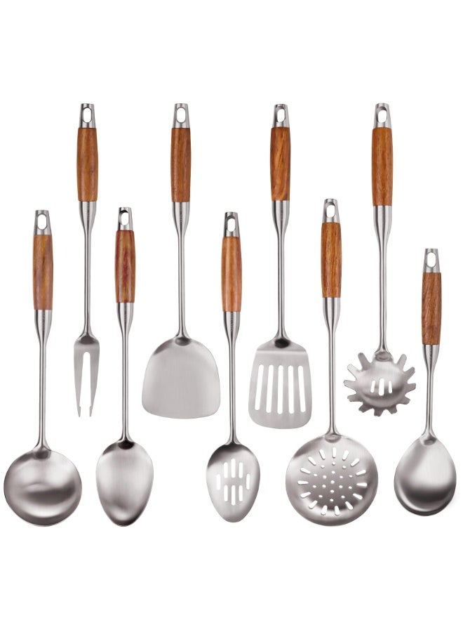 9 PCS 304 Stainless Steel Kitchen Cooking Utensils set with Wooden Handle, Metal Kitchen Utensils Set, Heat Resistant Wooden Handle Kitchen Tools, Stainless Steel Wok Spatula - Image 1