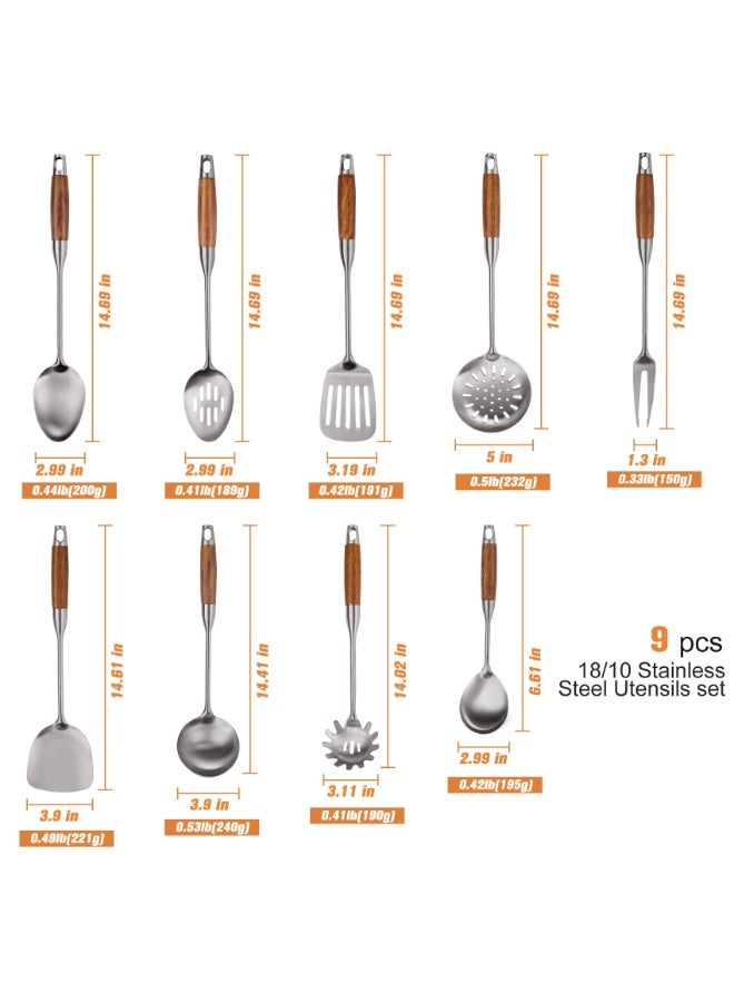 9 PCS 304 Stainless Steel Kitchen Cooking Utensils set with Wooden Handle, Metal Kitchen Utensils Set, Heat Resistant Wooden Handle Kitchen Tools, Stainless Steel Wok Spatula - Image 2