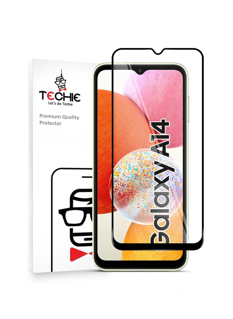 Techie حماية شاشة زجاجية مقساة 9D كاملة التغطية بصلابة 9H عالية الدقة لهاتف سامسونج جالاكسي A14 5G - مضادة للخدوش، مضادة لبصمات الأصابع، وتقنية خالية من الفقاعات - Image 1