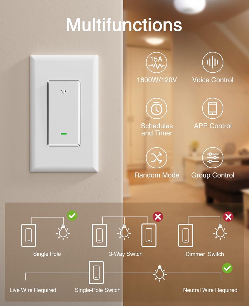 GHome Smart Switches for Lights, WiFi Smart Light Switch Works with Alexa and Google Home, Single-Pole, Neutral Wire Required, 2.4Ghz WiFi Light Switch with APP Control, No Hub Required, UL FCC Listed - Image 2